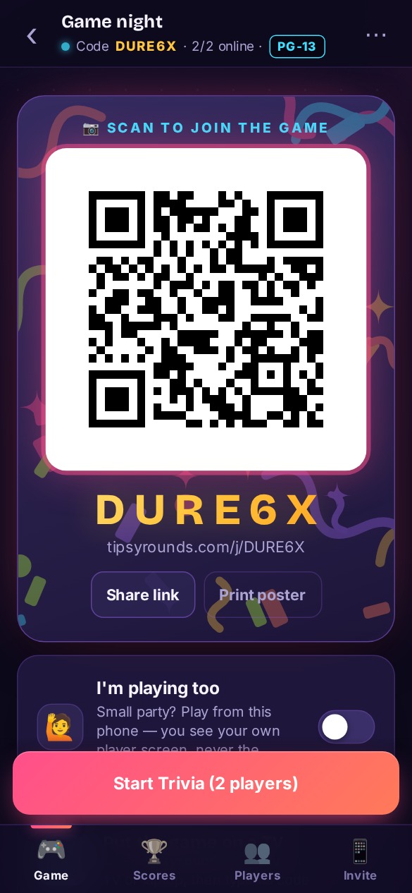 Host phone showing the game’s QR code, join code and the players in the lobby