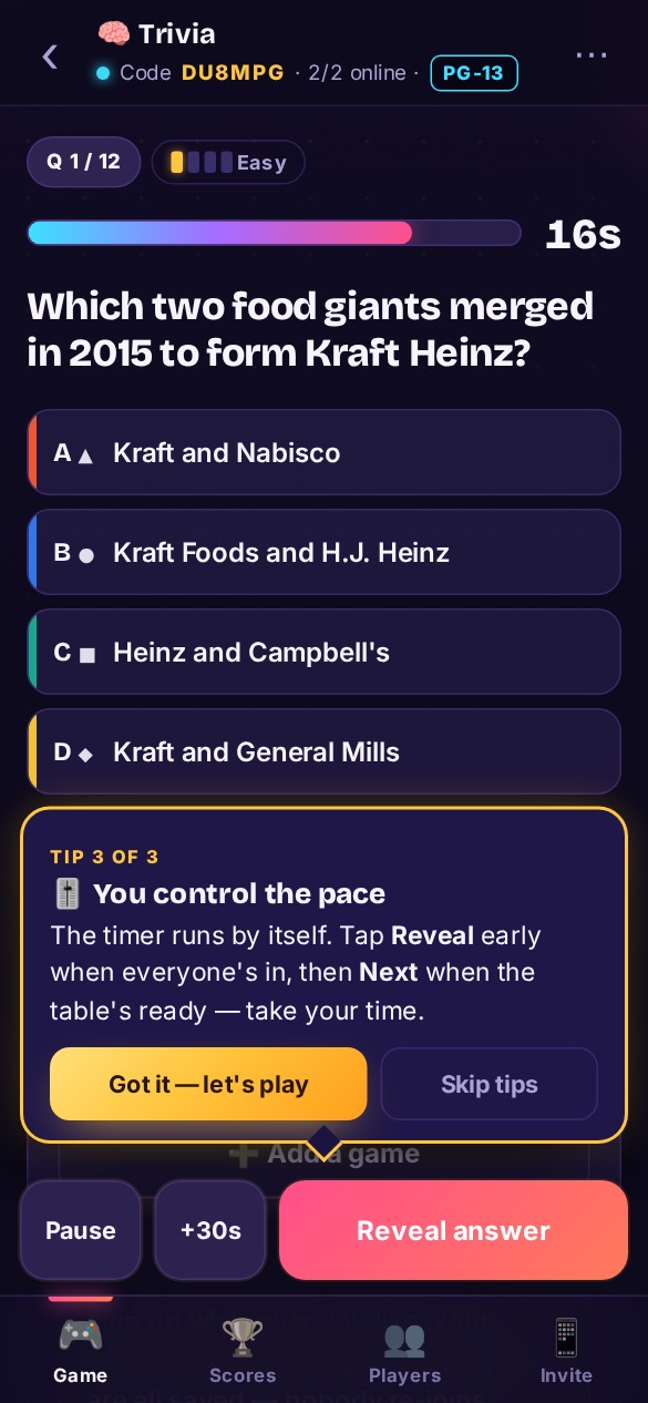 Host phone showing the trivia question, the timer and how many players have answered