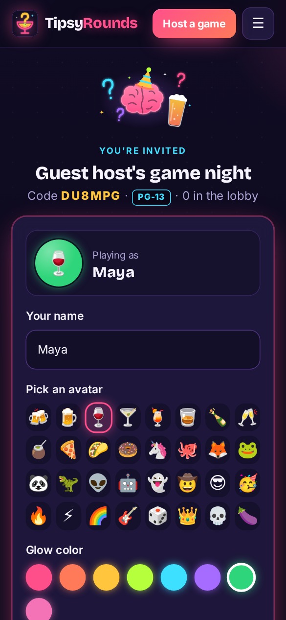 Player phone picking a name and avatar to join the trivia game