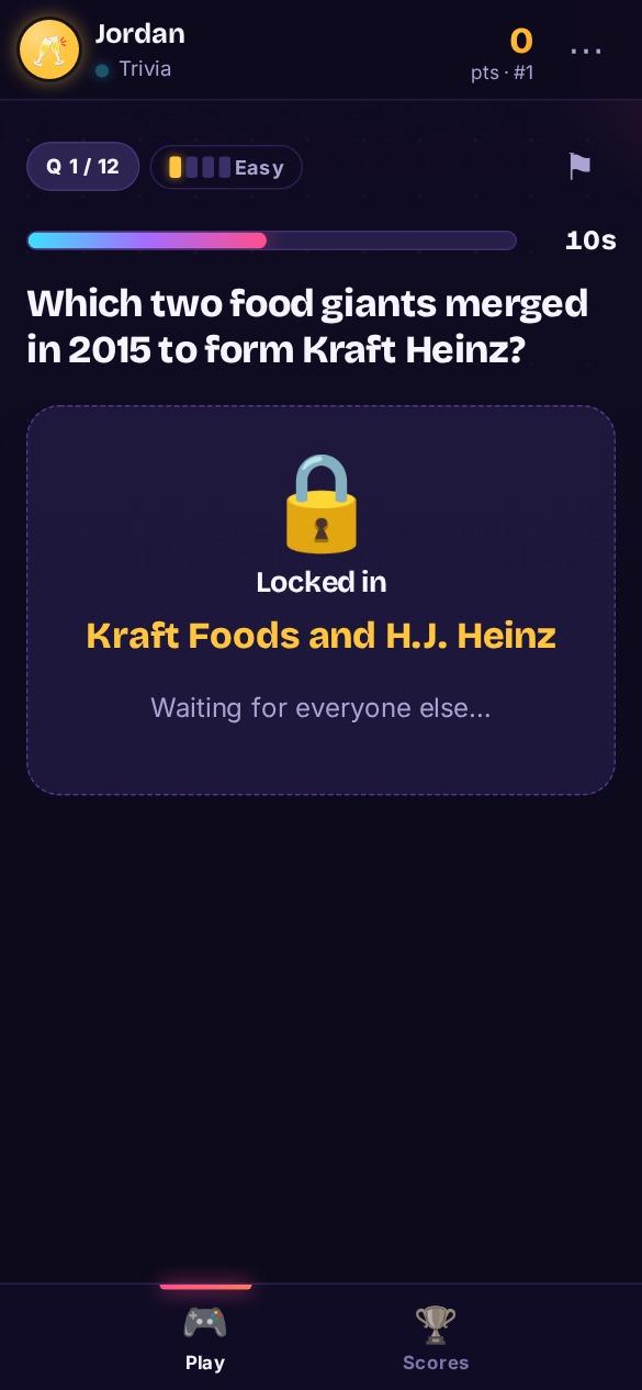 Player phone showing their answer locked in while waiting for everyone else