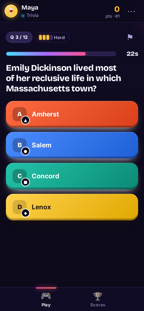 Player phone showing a multiple-choice trivia question with four answer buttons